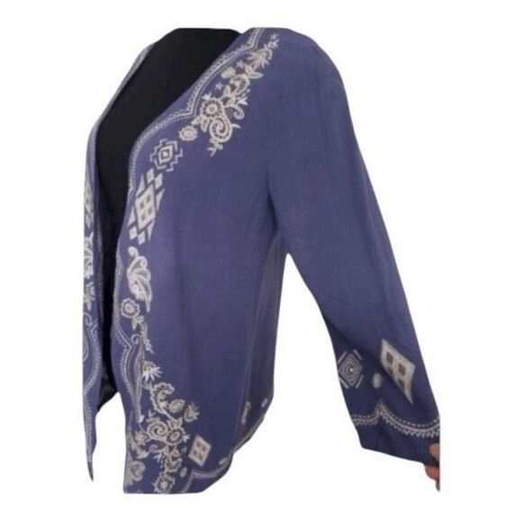 Short Open Front Cardigan Size S Blue Floral Embroidered 100% Linen 3/4-Sleeve - Picture 6 of 11